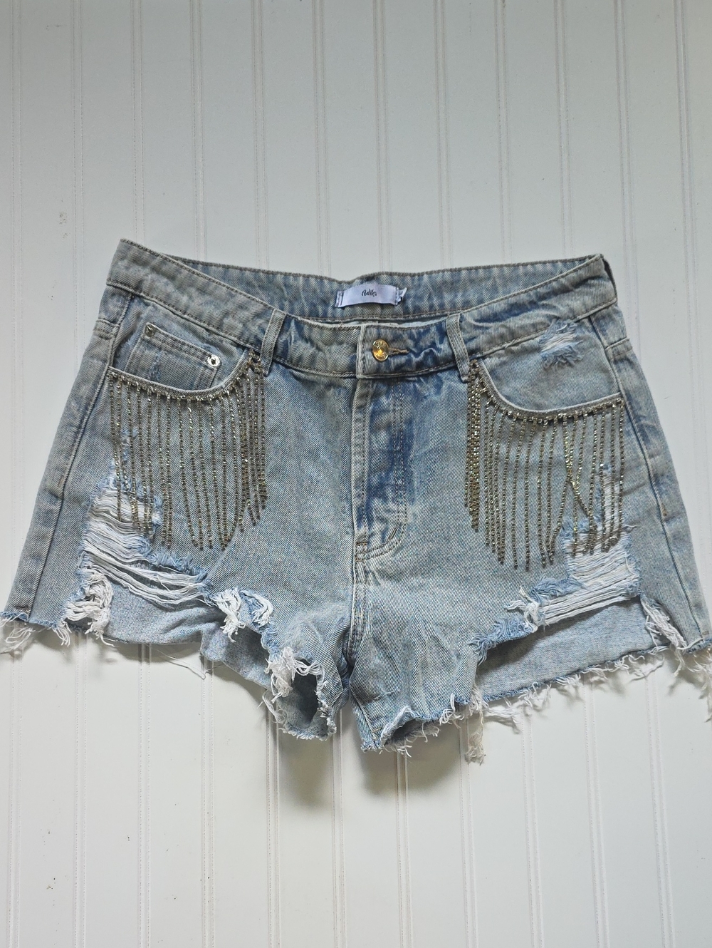 Adika Rhinestone Fringe Distressed Denim Shorts - Light Wash Cutoffs - Size XL